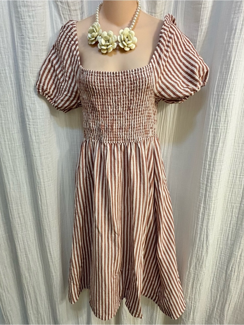 Smocked Square-Neck Midi Dress in Brown Stripe - Picture 1 of 5